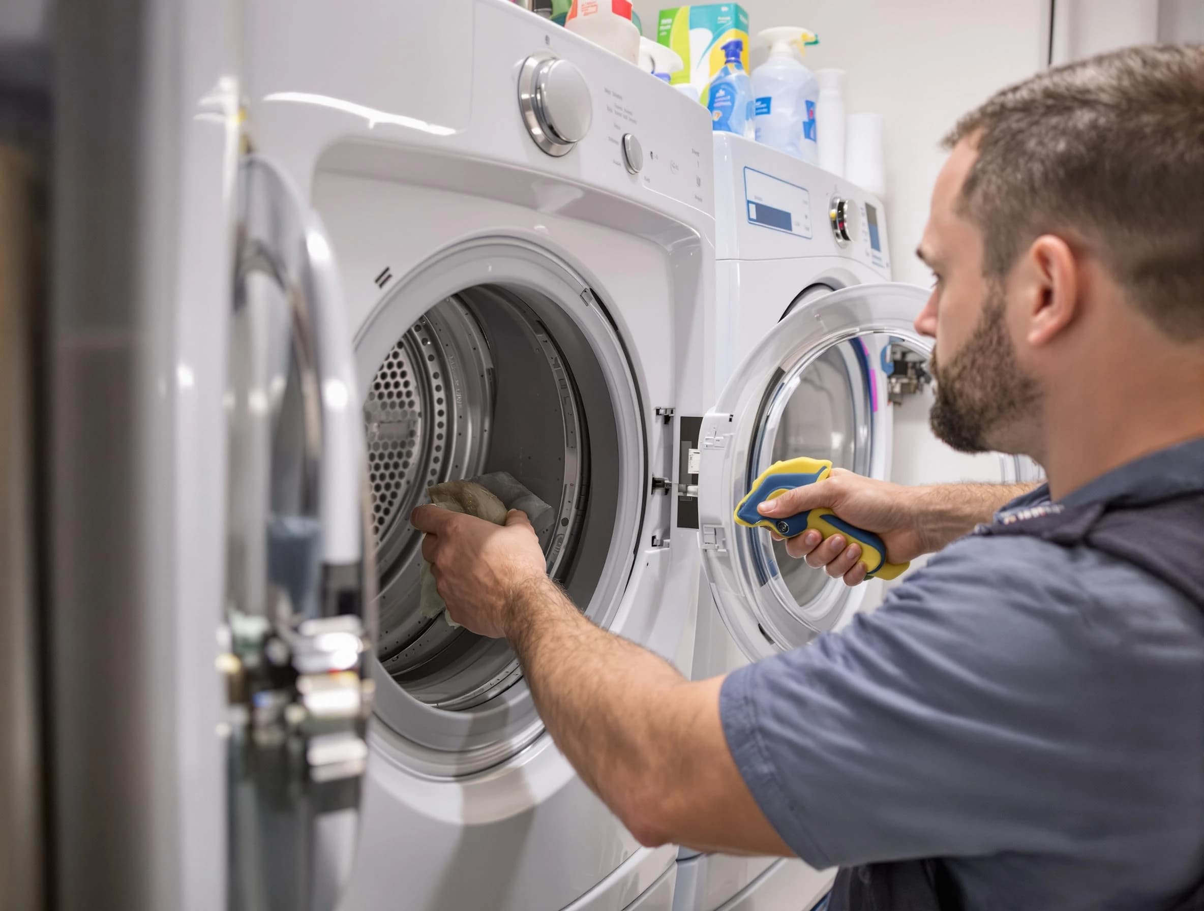 Pomona Dryer Vent Cleaning specialist removing lint buildup from a dryer lint trap system in Pomona