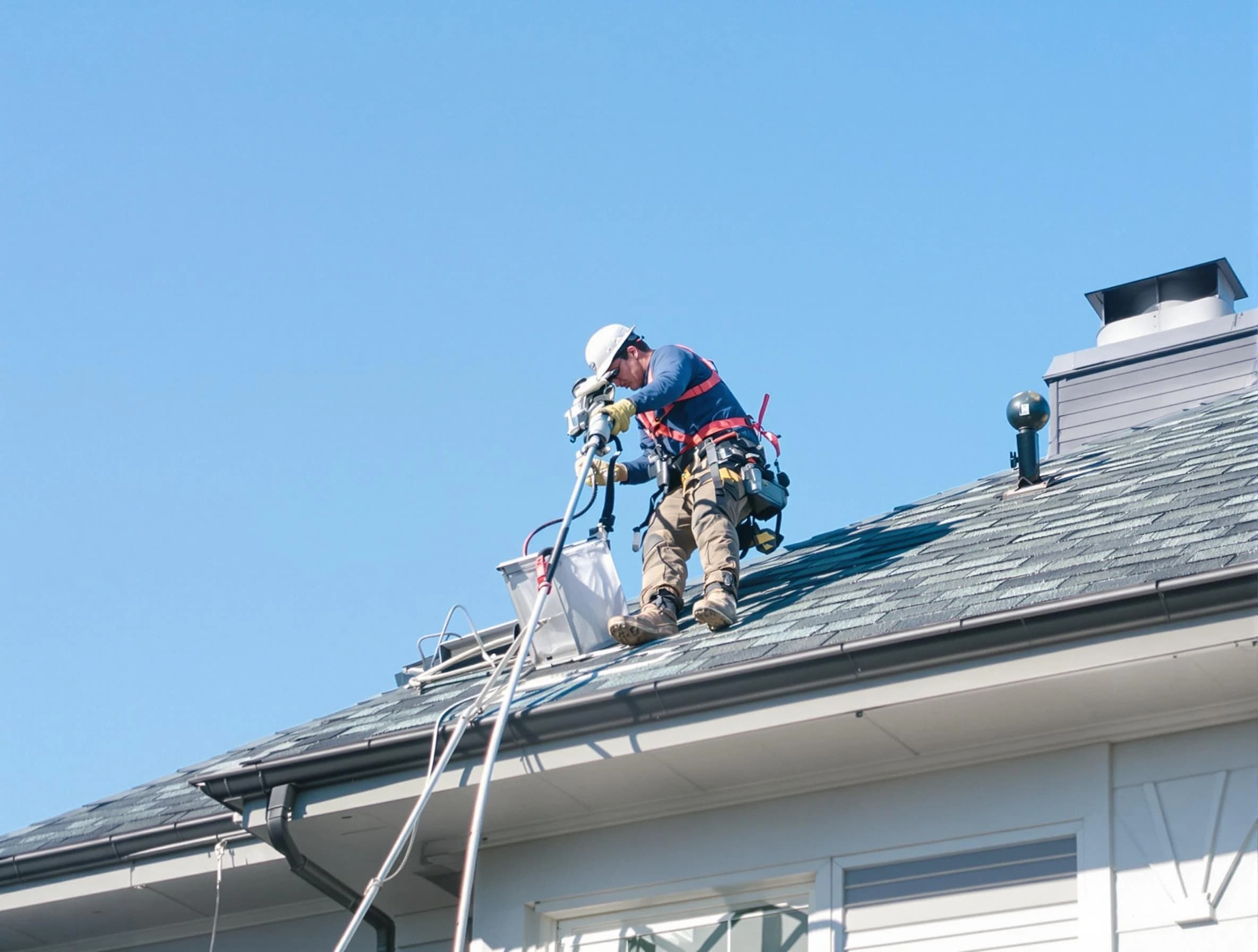 Pomona Dryer Vent Cleaning certified technician cleaning a roof-mounted dryer vent system in Pomona