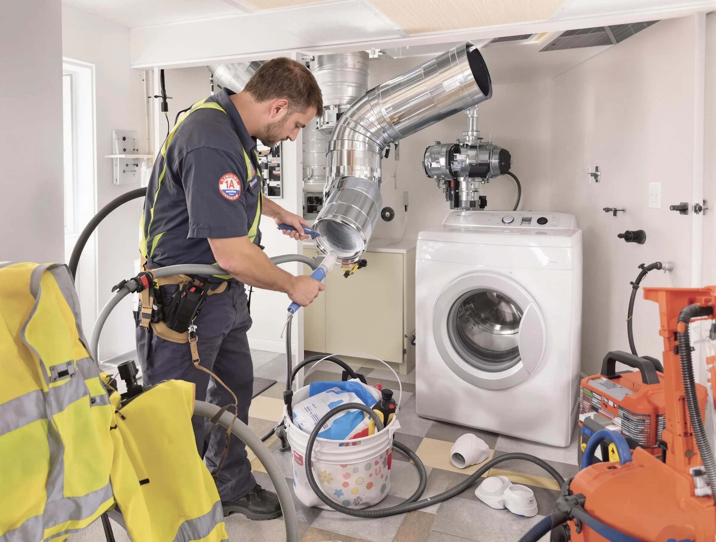 Pomona Dryer Vent Cleaning technician using specialized equipment to clear severe dryer vent blockage in Pomona