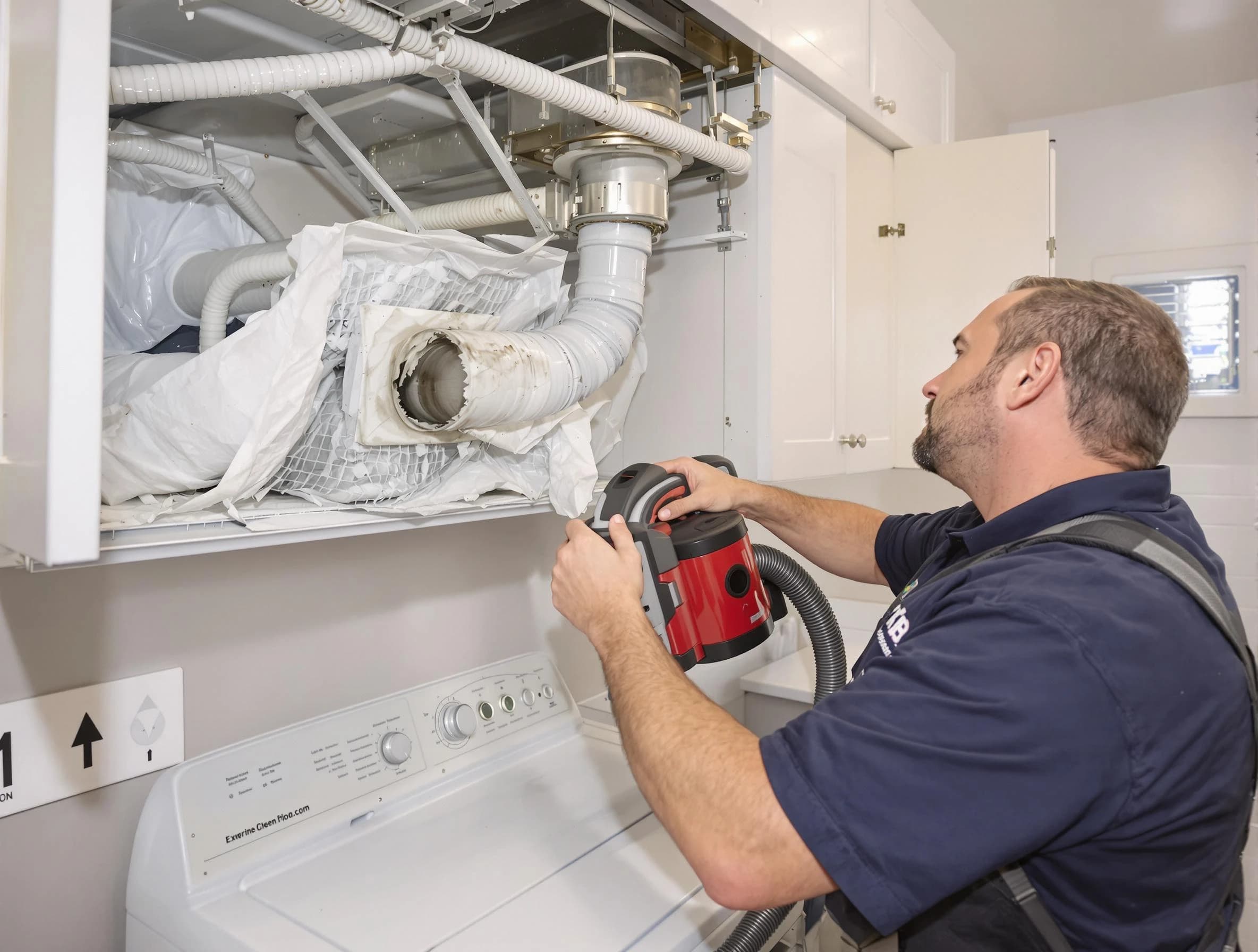 Pomona Dryer Vent Cleaning technician performing professional exhaust vent cleaning at a residential property in Pomona