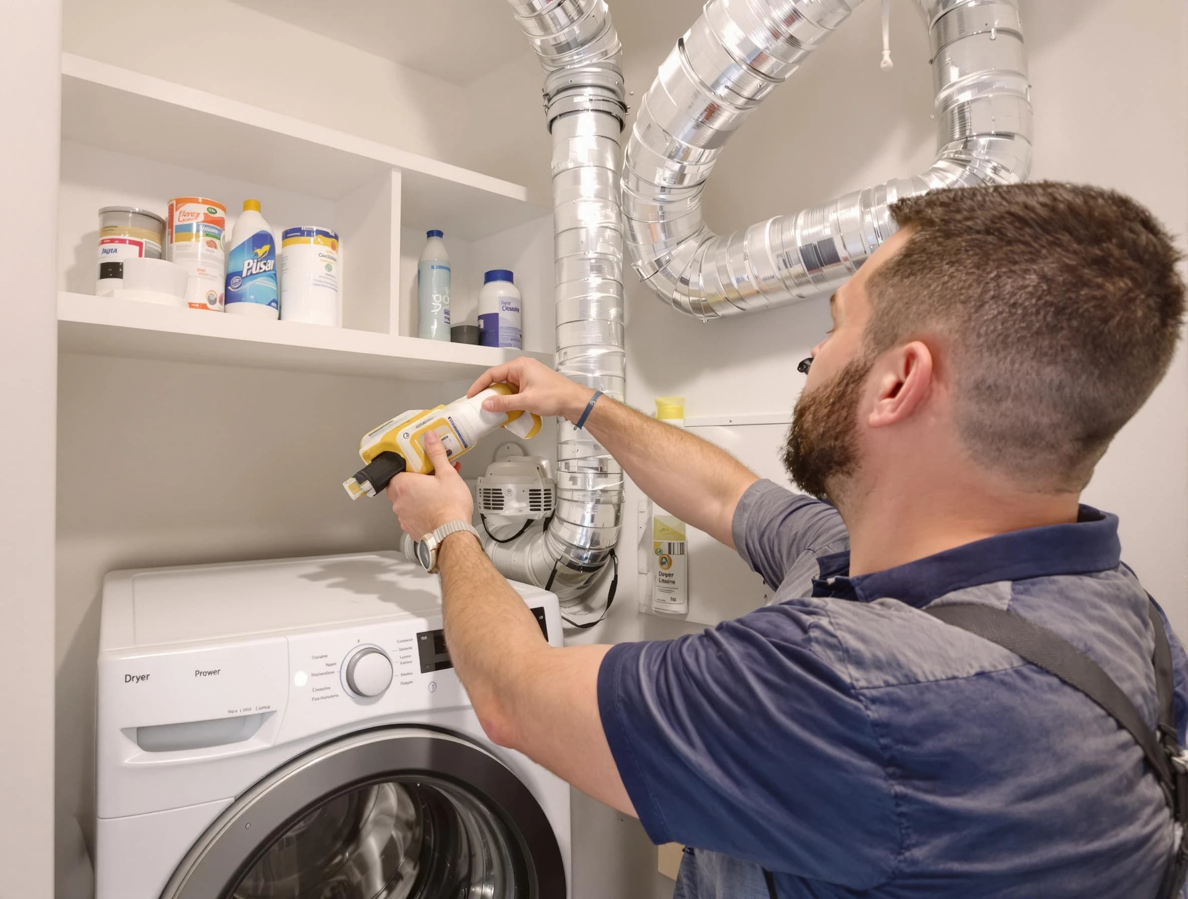 Pomona Dryer Vent Cleaning technician performing dryer vent cleaning at a home in Pomona