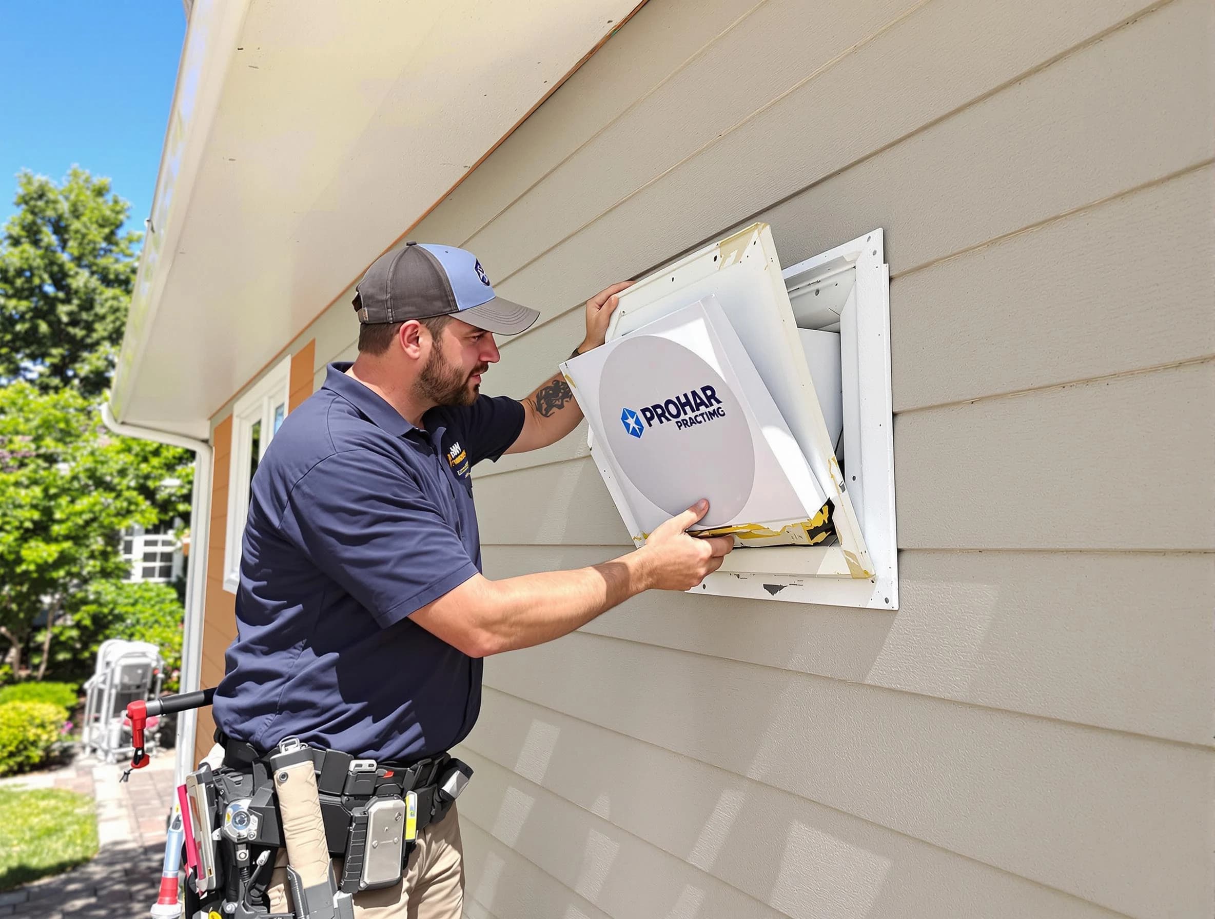 Pomona Dryer Vent Cleaning technician installing a new protective dryer vent cover on a home in Pomona