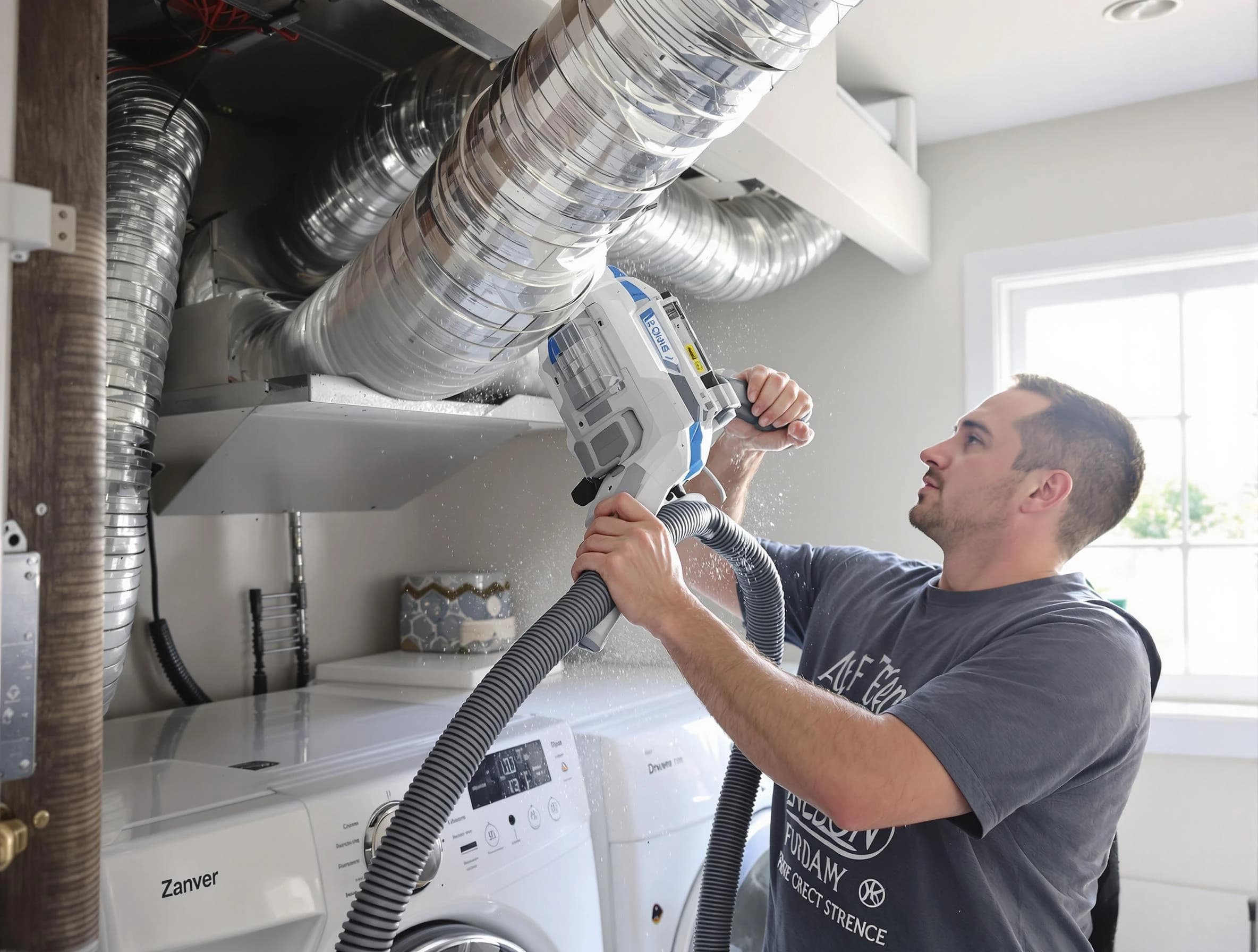 Pomona Dryer Vent Cleaning specialist cleaning deep within a dryer vent duct system in Pomona