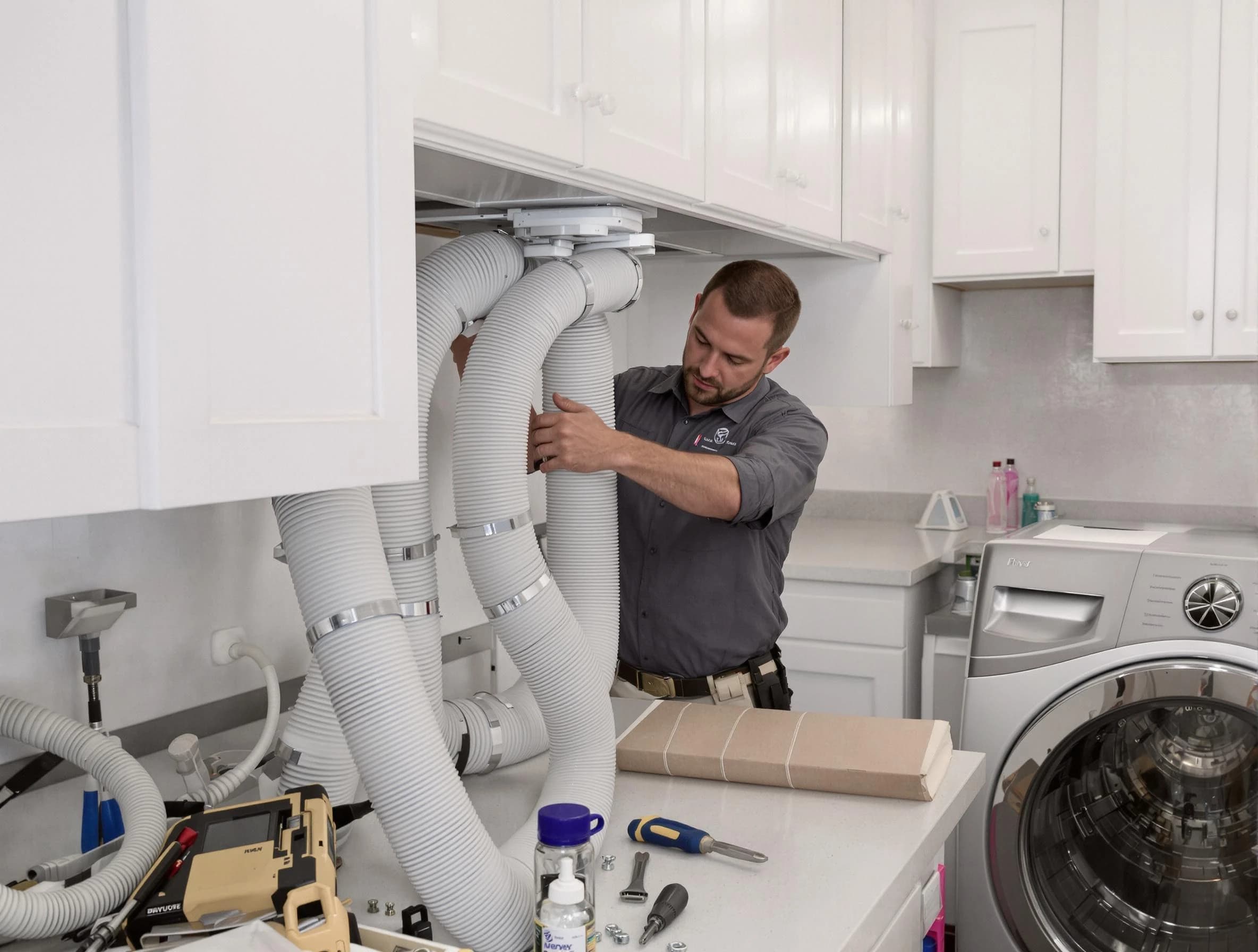 Pomona Dryer Vent Cleaning technician installing a new professional-grade dryer vent hose in Pomona