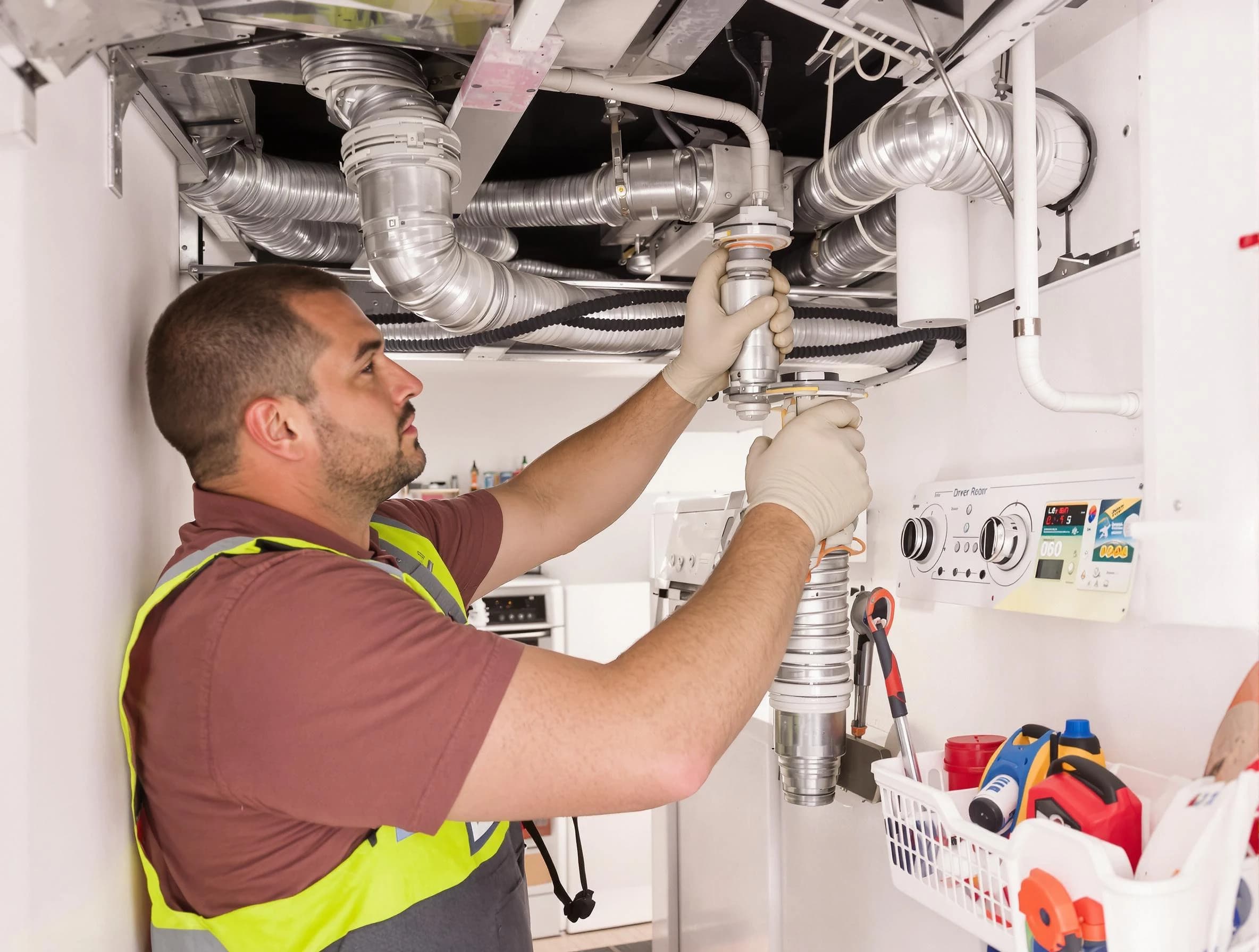 Pomona Dryer Vent Cleaning expert performing both repair and installation work on a dryer vent system in Pomona