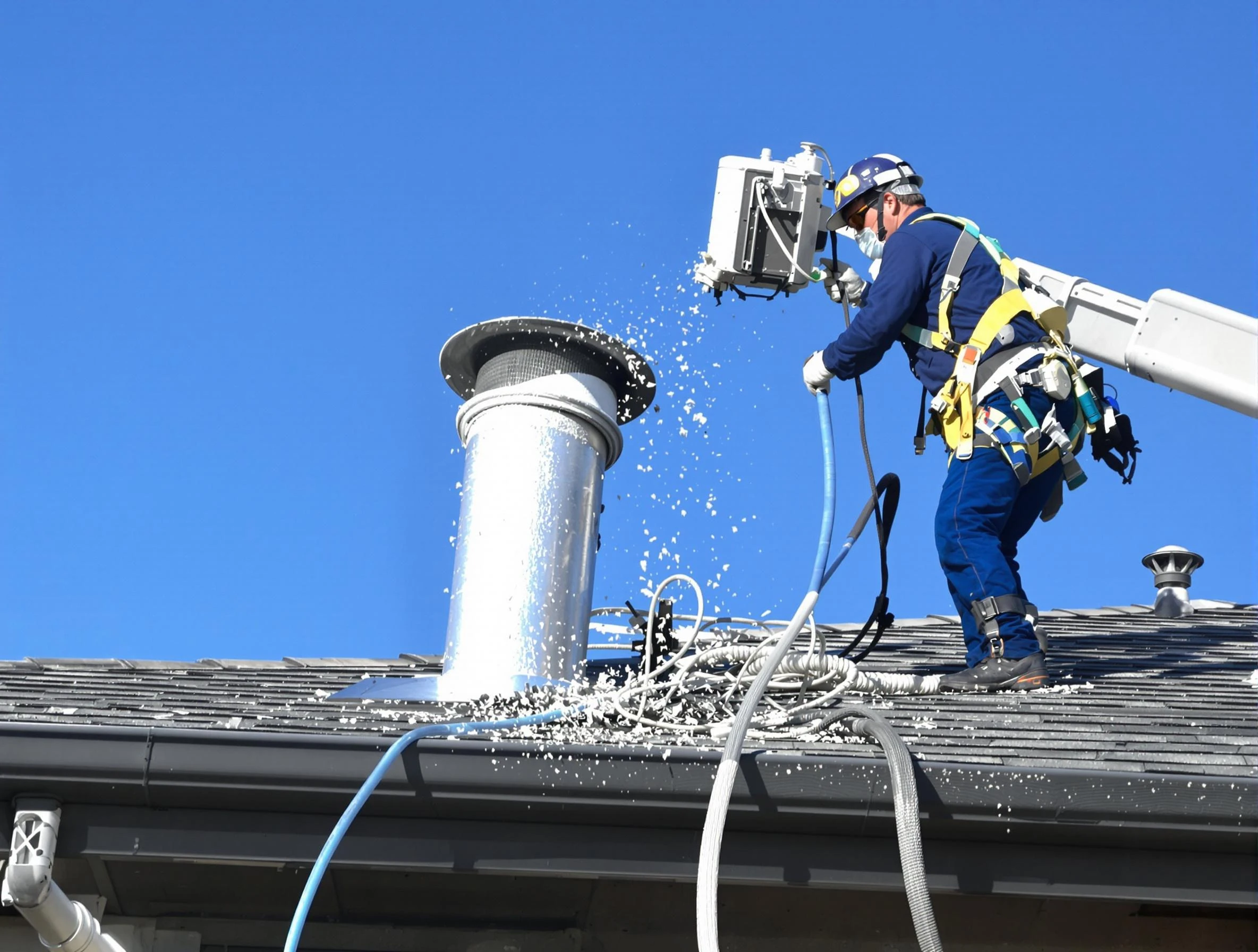 Pomona Dryer Vent Cleaning certified technician safely cleaning a roof-mounted dryer vent in Pomona