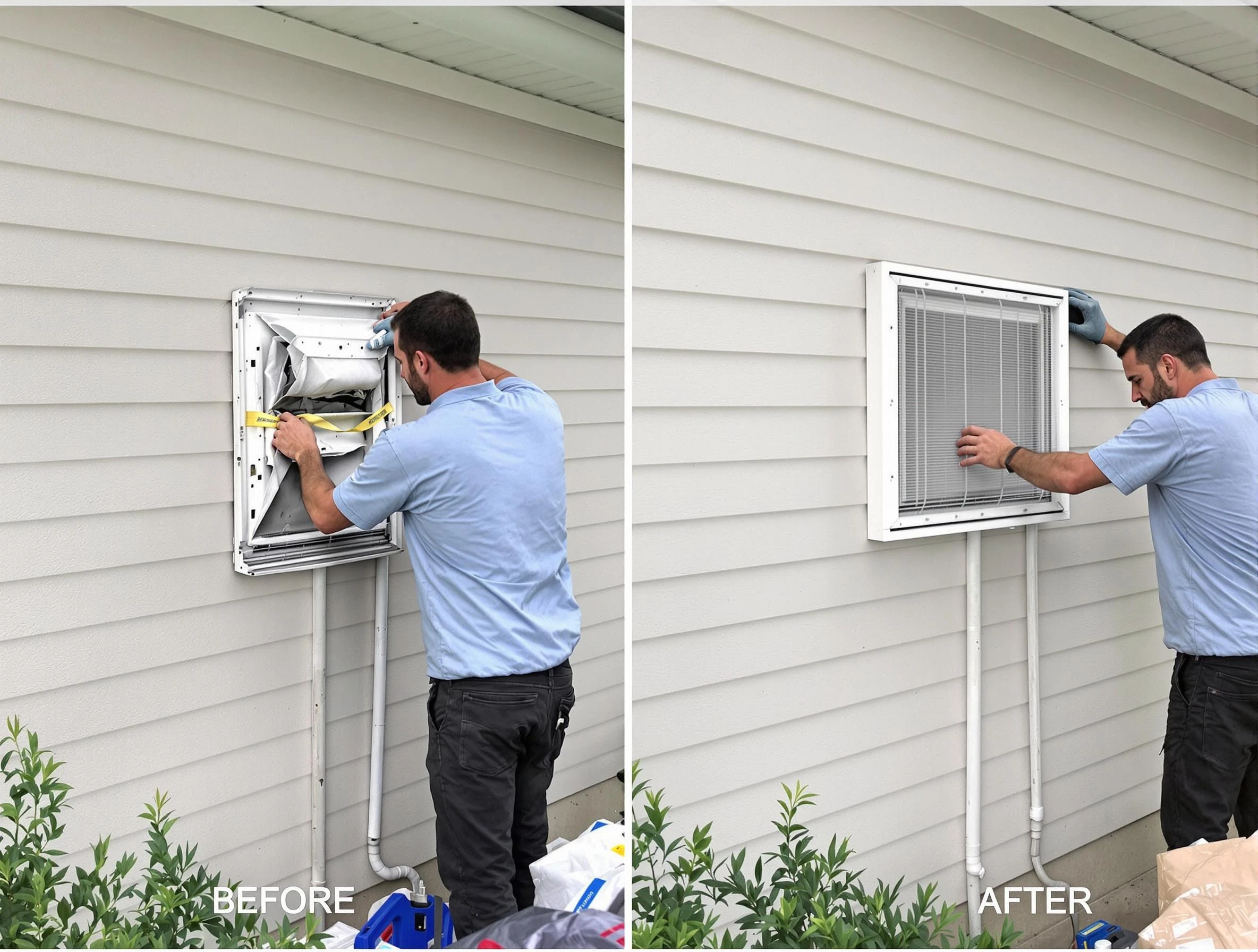 Pomona Dryer Vent Cleaning technician installing high-quality dryer vent cover at a residential property in Pomona