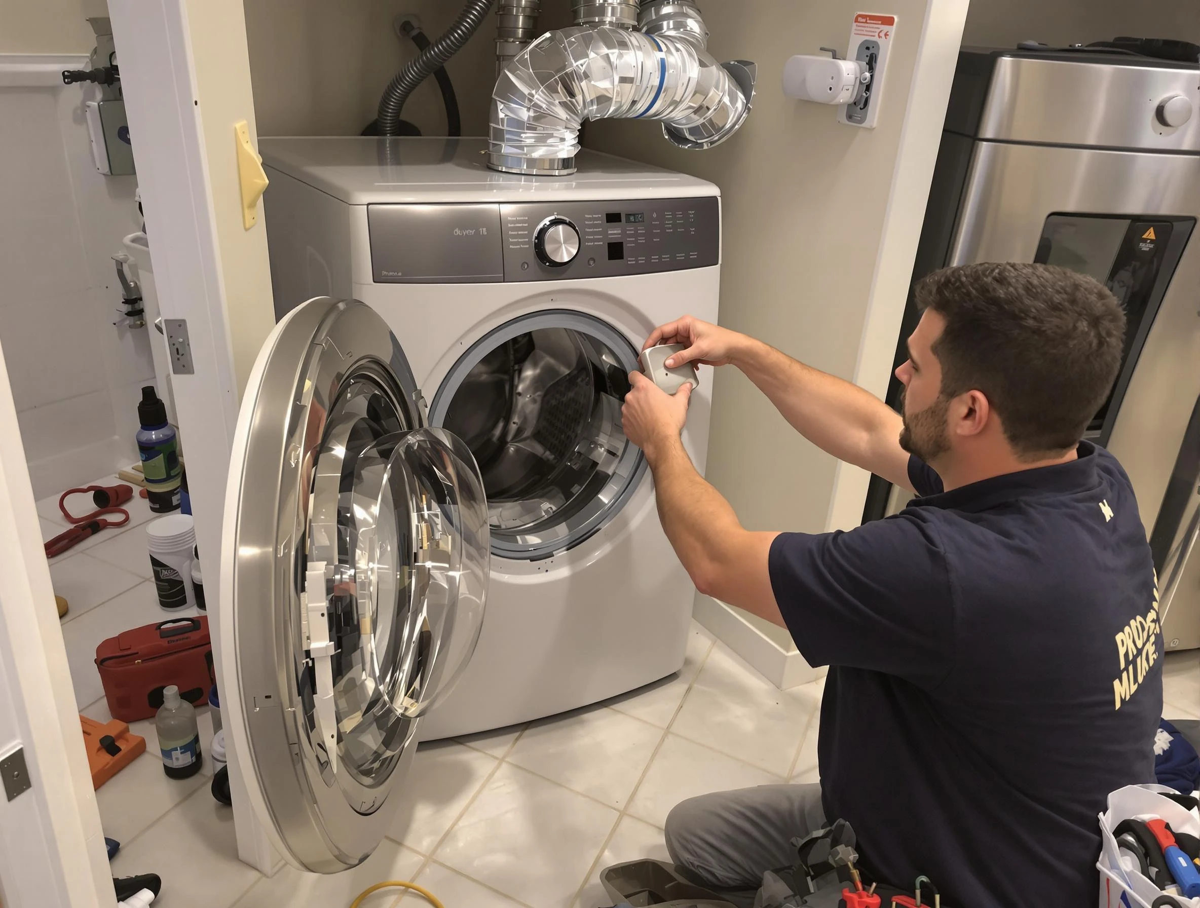 Pomona Dryer Vent Cleaning technician performing precise dryer vent hose installation in Pomona